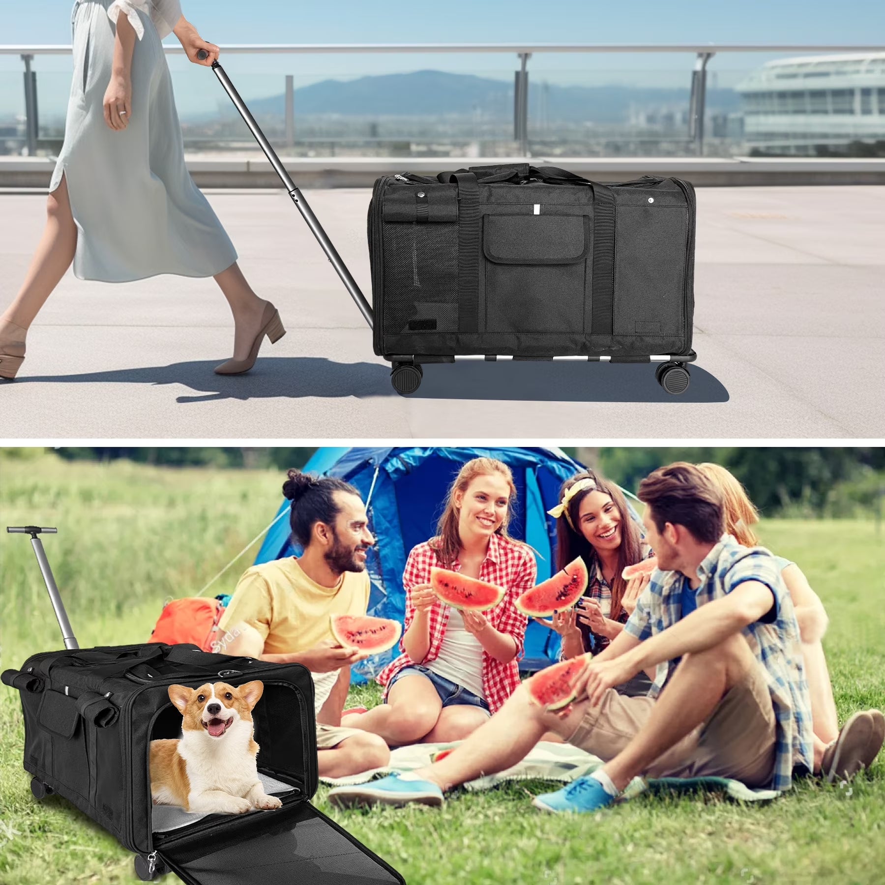 . Cat Carrier with Wheels for 2 Cats, Pet Travel Bag up to 40 Lbs, Foldable Dog Carriers for Small Dogs and Cats, Airline Approved(Black)