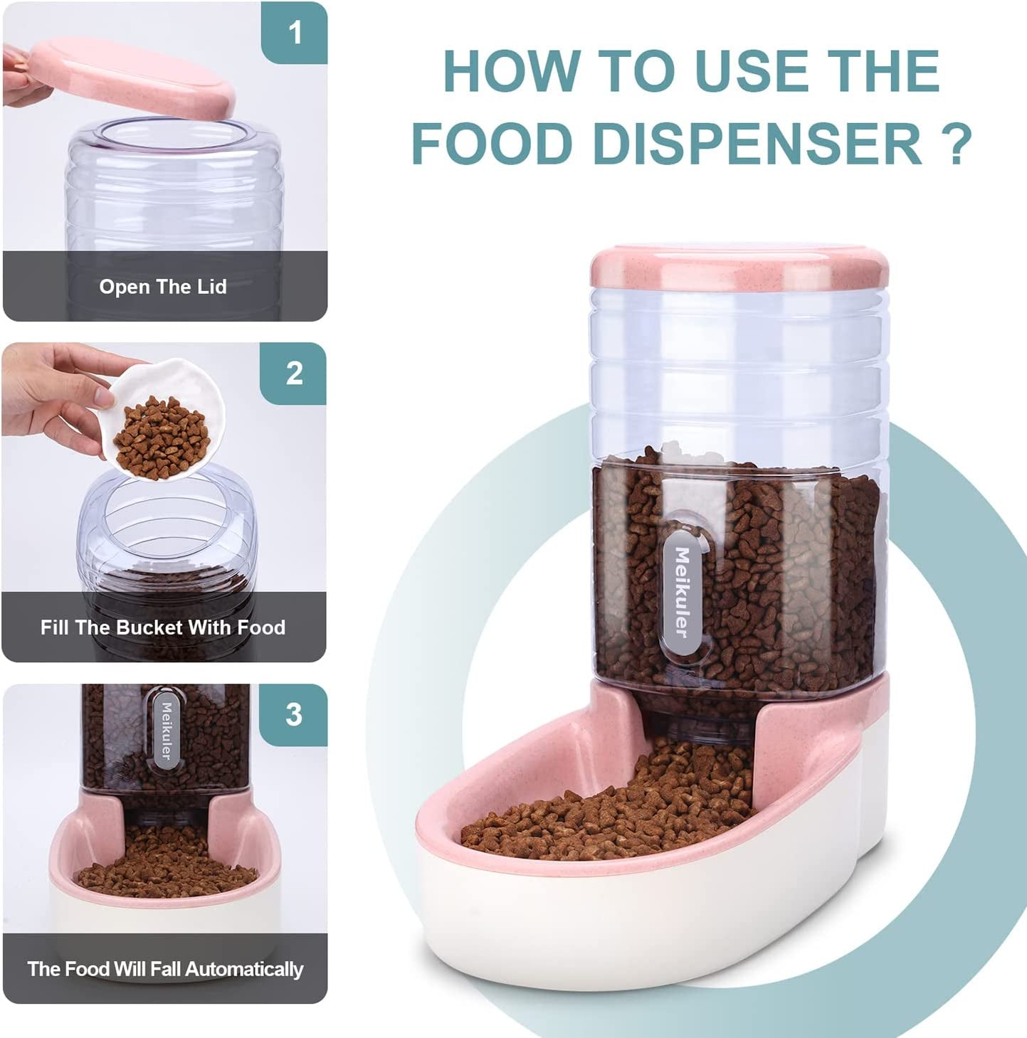 Automatic Dog Cat Feeder and Water Dispenser Set,Waterer and Gravity Food Feeder for Small & Medium Dogs Cats Puppies,Large Capacity 1 Gallon X 2(Pink)