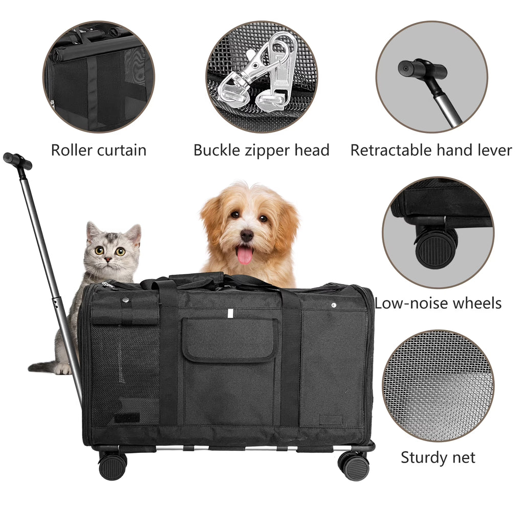 . Cat Carrier with Wheels for 2 Cats, Pet Travel Bag up to 40 Lbs, Foldable Dog Carriers for Small Dogs and Cats, Airline Approved(Black)