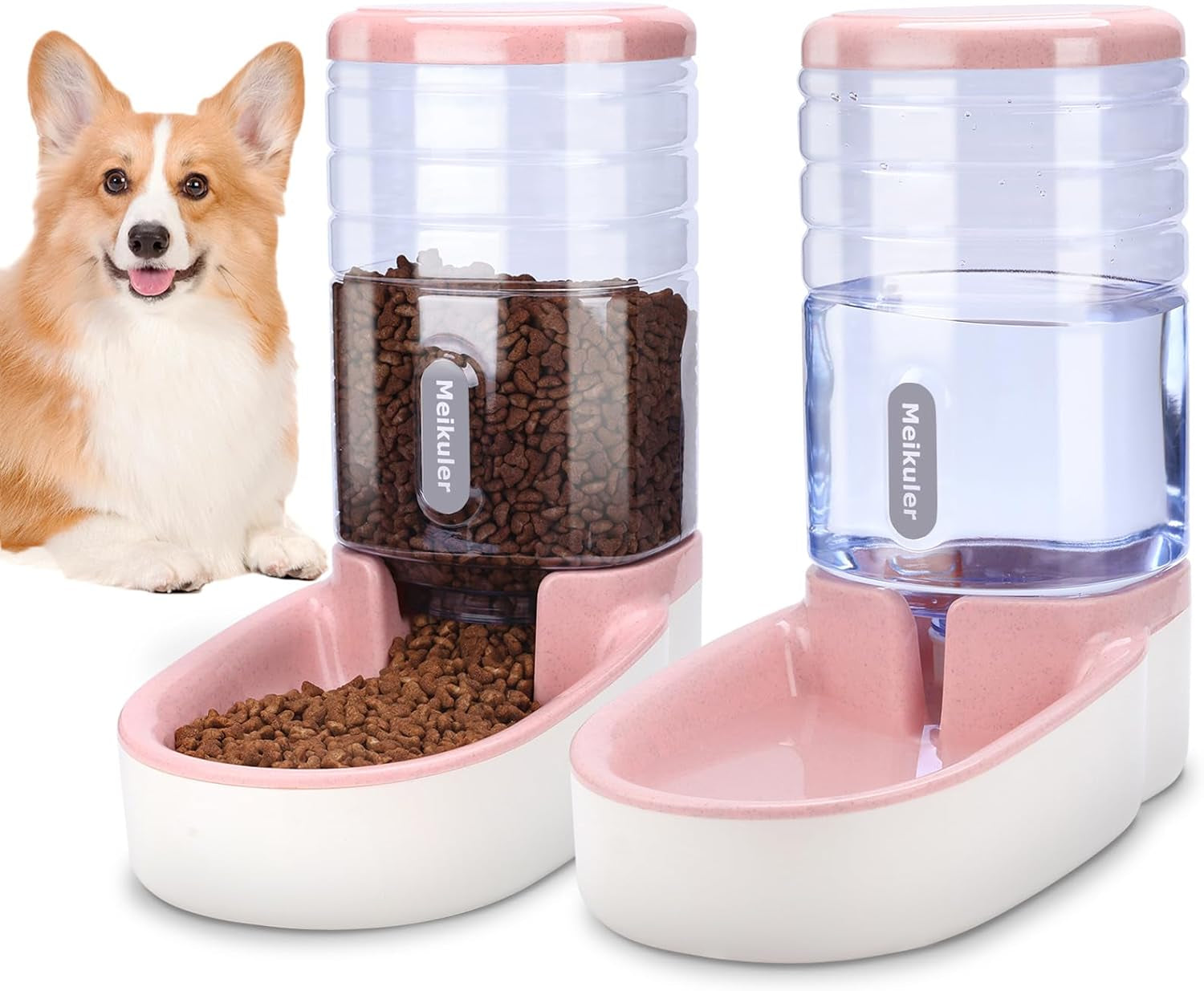 Automatic Dog Cat Feeder and Water Dispenser Set,Waterer and Gravity Food Feeder for Small & Medium Dogs Cats Puppies,Large Capacity 1 Gallon X 2(Pink)