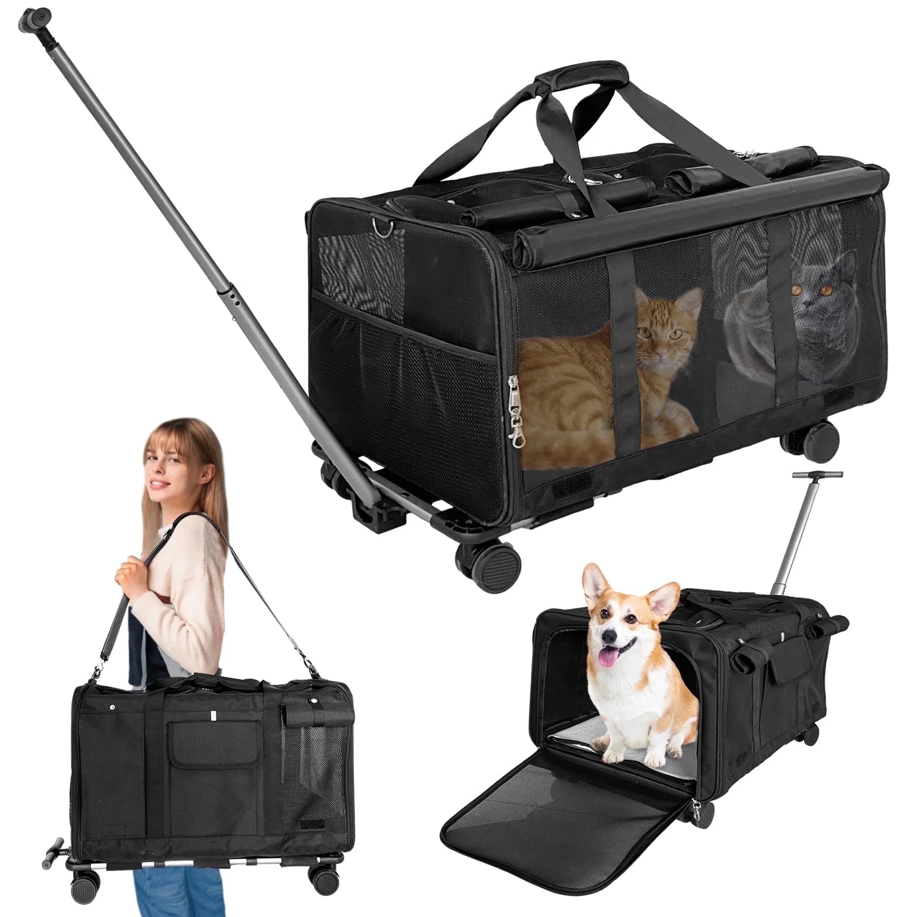 . Cat Carrier with Wheels for 2 Cats, Pet Travel Bag up to 40 Lbs, Foldable Dog Carriers for Small Dogs and Cats, Airline Approved(Black)