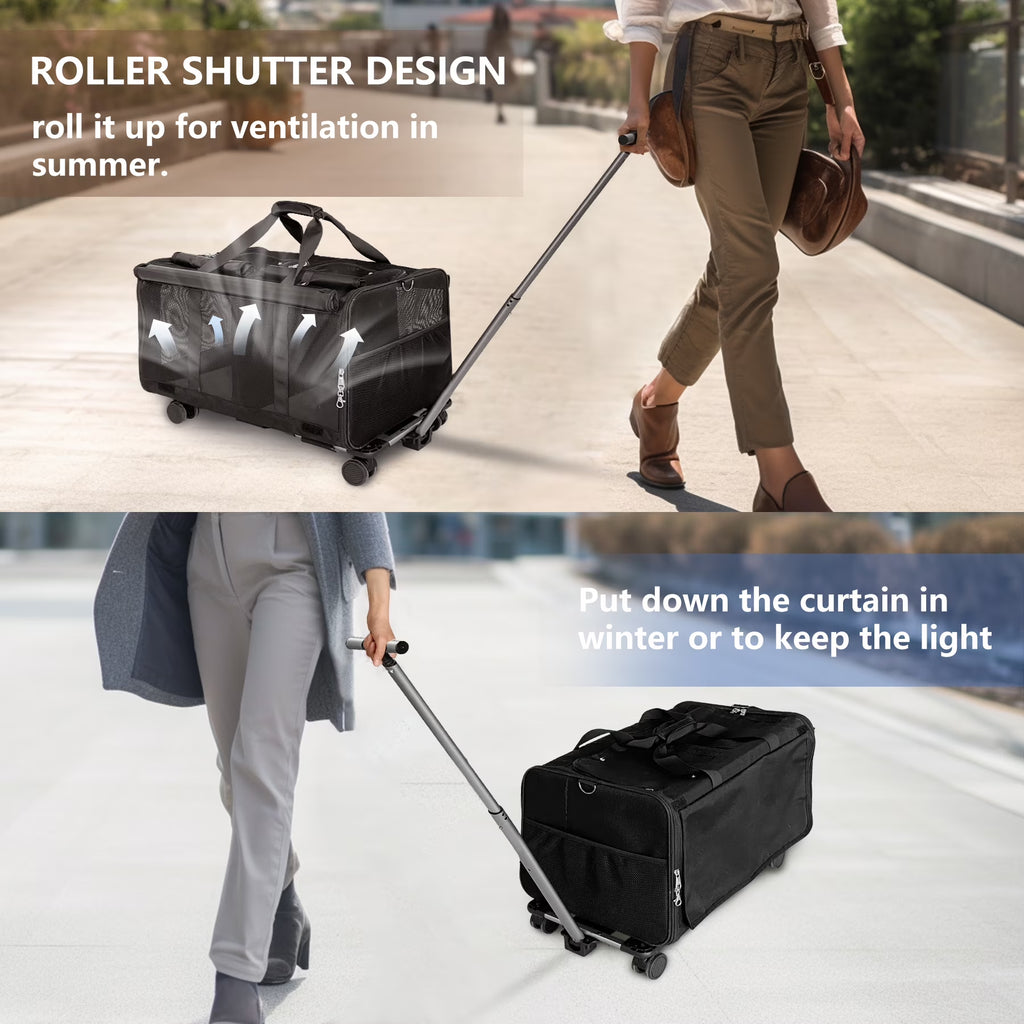 . Cat Carrier with Wheels for 2 Cats, Pet Travel Bag up to 40 Lbs, Foldable Dog Carriers for Small Dogs and Cats, Airline Approved(Black)